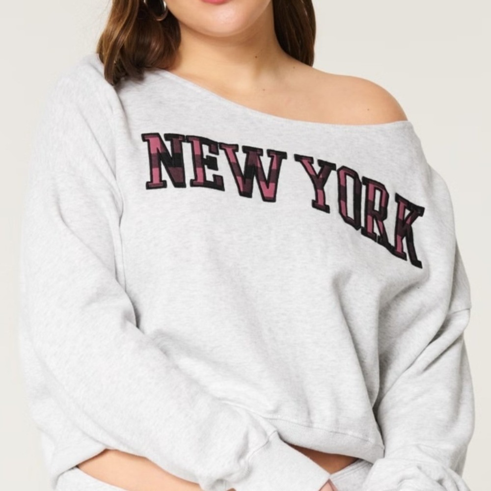 😀 Hollister‎ New York Plaid Graphic Cropped Sweatshirt Heather Gray XS Pullover